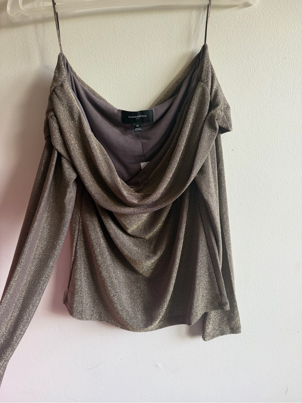 Banana Republic Shimmery Taupe Off-Shoulder Draped Sweater